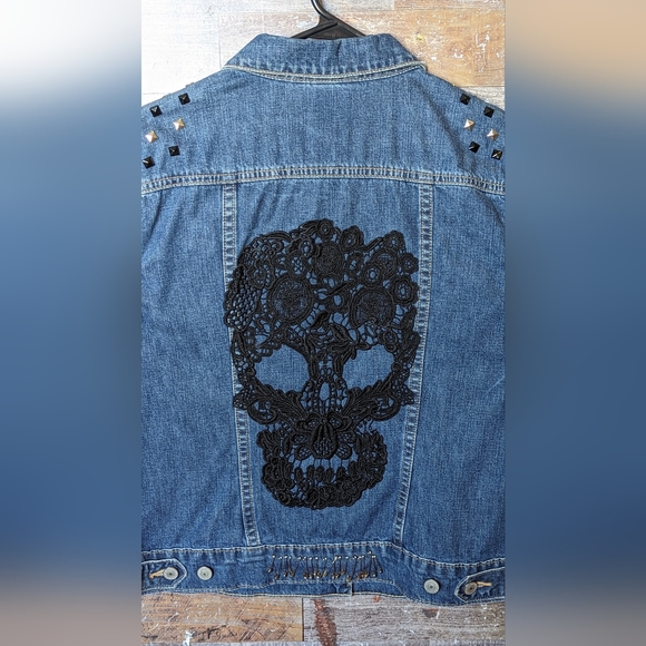 Upcycled Handcrafted Ton Of Detailed Bling Jean Jacket With Black Skull - Picture 15 of 16